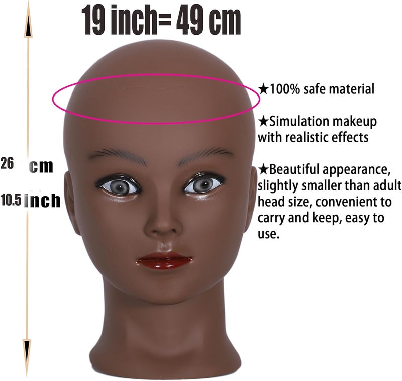 simnient Bald Mannequin Head Dark Brown Female Professional Cosmetology Training Mannequin-Bald for Wig Making and Display Hat Helmet Glasses Display Head Model with Free Clamp Stand - Image 3
